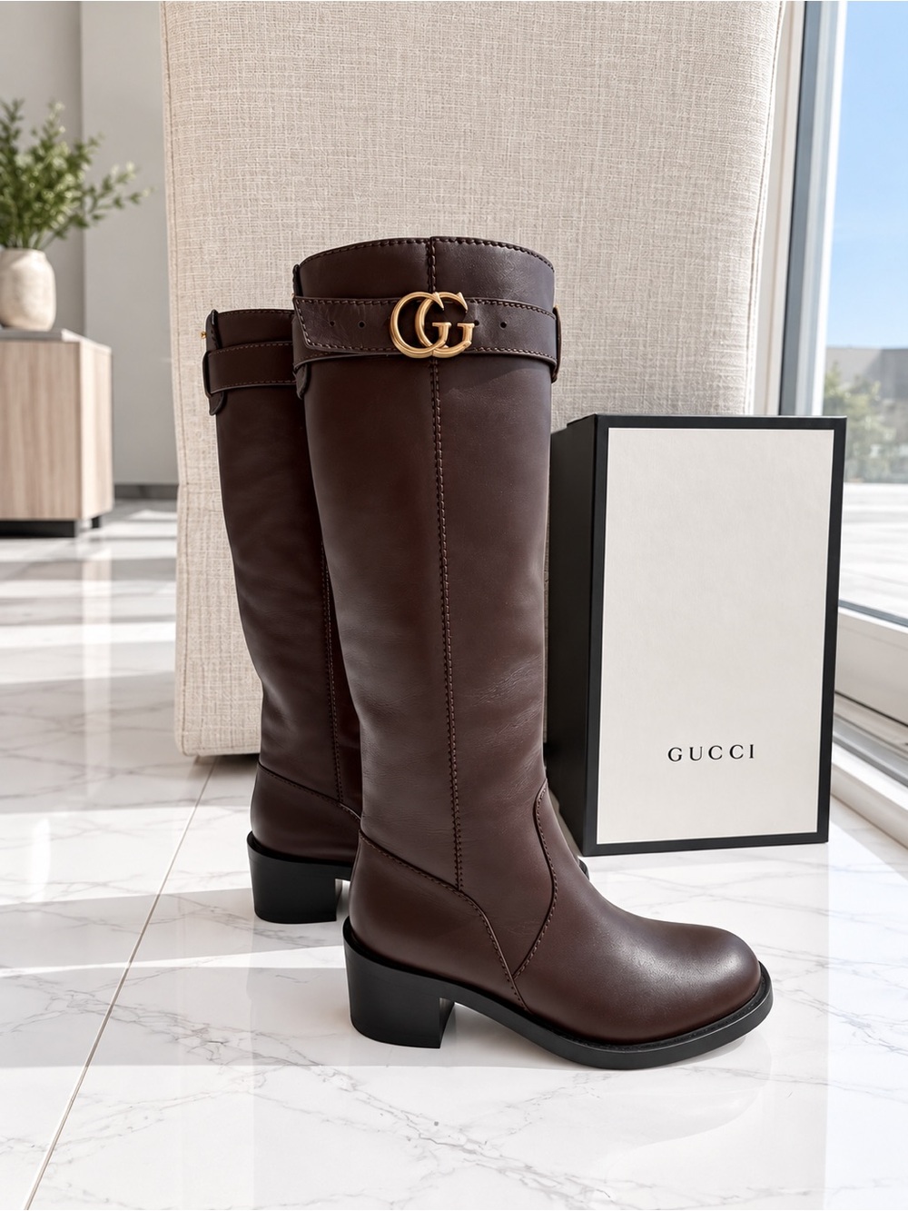 Gucci GG Running Brown Leather Knee-High Riding Boots – Size 36.5